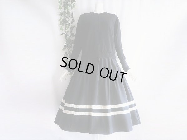画像1: 新品 7340 ML ワンピース 秋 冬 レディース ニット 異素材切替 黒 ブラック 長袖 シャツ ギャザーフレア エレガント 上質 上品