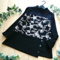 新品 9279 ML 裏起毛 刺繍 プルオーバー 秋 冬 花鳥 レディース 黒系 ウール調生地 スウェット ハイネック 異素材切替