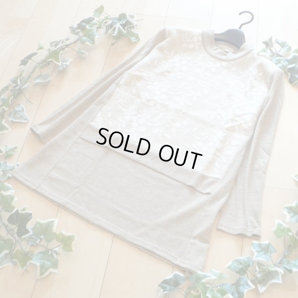 画像1: 新品 9305 ML ボタニカル 刺繍 ニット チュニック 秋 冬 レディース ベージュ系 ウール調生地 ハイネック 薄手 異素材切替