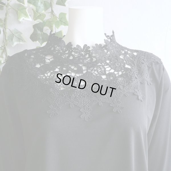 画像1: 新品 9475 ML クロシェ刺繍レース襟 カットソー ブラウス 春 夏 秋 レディース 黒 美しい透け感 ストレッチ 上品