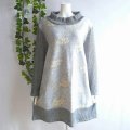 新品 9487 ML 刺繍 ニット チュニック ワンピース 秋 冬 異素材切替 レディース グレー系 長袖 ハイネック リブ編み 上品 上質