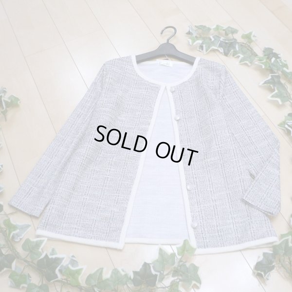 画像1: 新品 9483 ML 綿混 マルチツイード ジャケット 春 夏 秋 網目 パイピング レディース 白紫系 ノーカラー