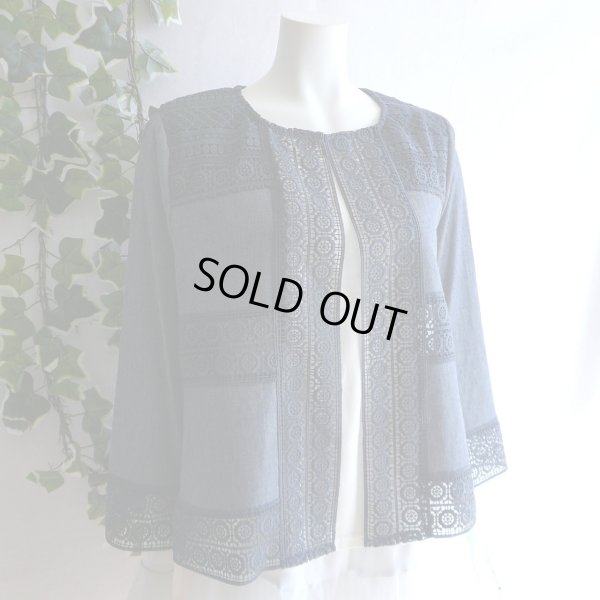 画像1: 新品 9514 L カットワーク 刺繍 綿麻混 シャツ ジャケット 春 夏 秋 紺ネイビー系 レディース リネン コットン レース 高級感 上質 上品