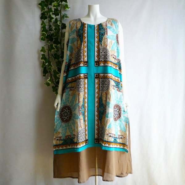 画像1: 新品 9620 F 重ね着風 綿100％ ワンピース 春 夏 アラビアン風柄 ターコイズ茶系 レディース 透け感 インド製 フェイクレイヤード