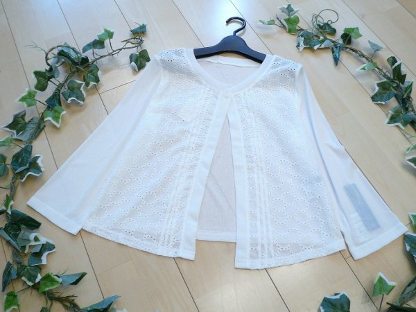 画像1: 新品 9661 ML カットワーク 刺繍 カーディガン 白 春 夏 秋 綿100％ スラブ 異素材切替 レディース ノーカラー ジャケット