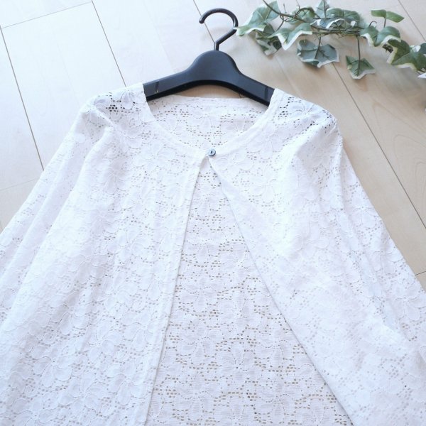 画像1: 新品 9672 ML カットワーク風 綿混 カーディガン 白 春 夏 レディース 花模様 レース ノーカラー ジャケット 上品
