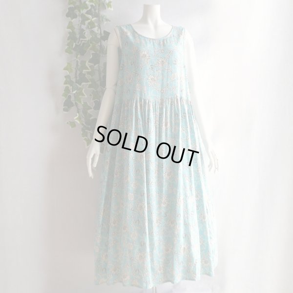 画像1: 新品 9683 L 手書き風 花柄 レーヨン100％ ワンピース 春 夏 ミント系 レディース 透け感 インド製 ナチュラル 50代 60代 70代