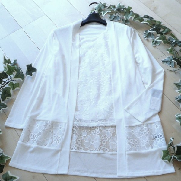 画像1: 新品 9688 ML オーガンジー 花刺繍 ツイン アンサンブル 春 夏 秋 白 レディース カーディガン プルオーバー 異素材切替 50代 60代 70代