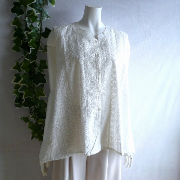 画像1: 新品 9690 ML カットワーク 刺繍 綿100％ シャツ プルオーバー 白 夏 レディース インド製 コットン ブラウス 異素材切替
