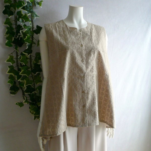 画像1: 新品 9691 ML カットワーク 刺繍 綿100％ シャツ プルオーバー ベージュ 夏 レディース インド製 コットン ブラウス 異素材切替