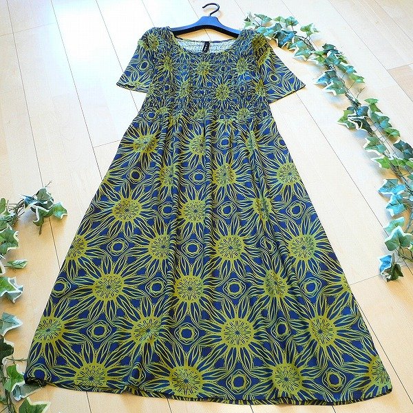 画像1: 新品 9729 ML ひんやり シャーリング ワンピース 春 夏 紺緑系 和風 花柄 レディース 半袖 インド製 レーヨン100％ 50代 60代 70代