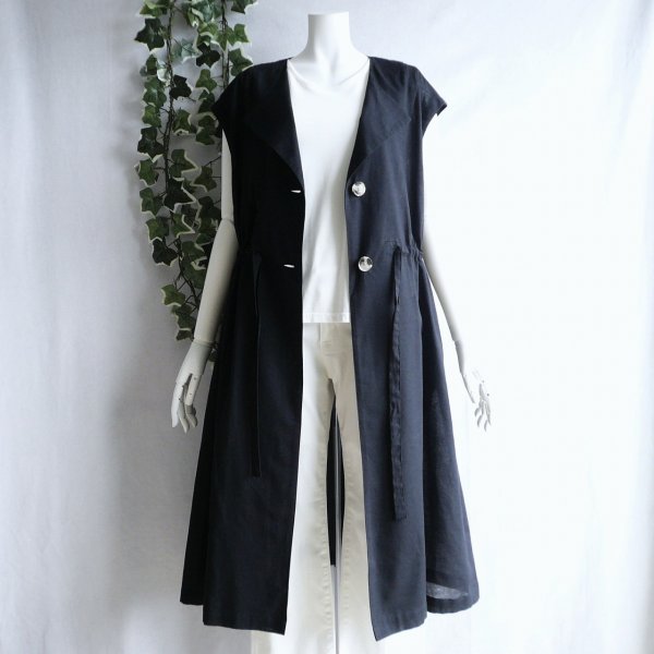 画像1: 新品 9760 M 綿 麻 リボン付 ワンピ ジレ 黒 春 夏 秋 レディース 襟あり フレンチ袖 羽織り リネン コットン 上品 50代 60代 70代