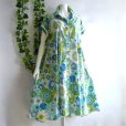 画像1: 新品 9773 ML ひまわり柄 綿100％ シャツ ワンピース グリーン系 夏 レディース リブ袖 Aライン フレア 上品 50代 60代 70代 (1)