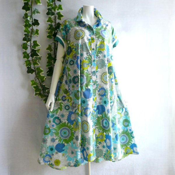 画像1: 新品 9773 ML ひまわり柄 綿100％ シャツ ワンピース グリーン系 夏 レディース リブ袖 Aライン フレア 上品 50代 60代 70代