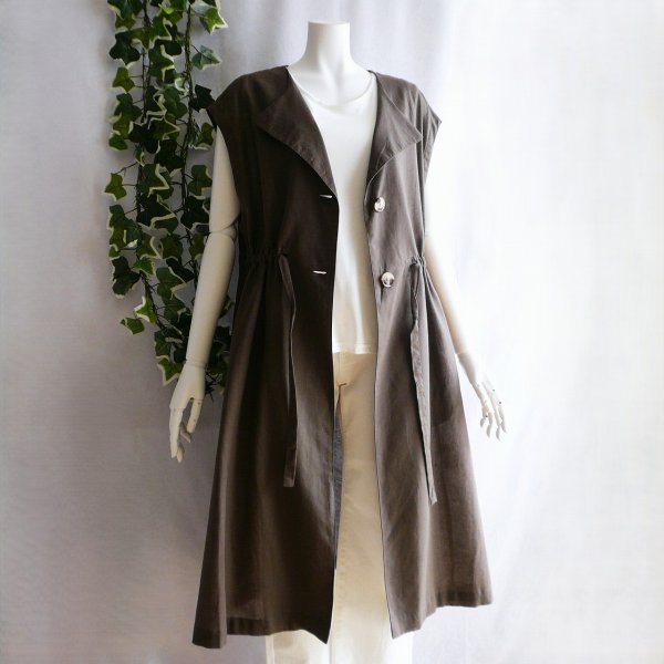 画像1: 新品 9789 M 綿 麻 リボン付 ワンピ ジレ ブラウン系 春 夏 秋 レディース 襟あり フレンチ袖 羽織り リネン コットン 上品 50代 60代 70代