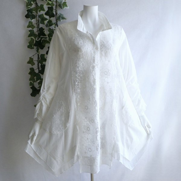 画像2: 新品 9819 ML オーガンジー 花刺繍 シャツ チュニック 白 春 夏 秋 レディース 綿100％ 美しい透け感 異素材切替 上品 50代 60代 70代