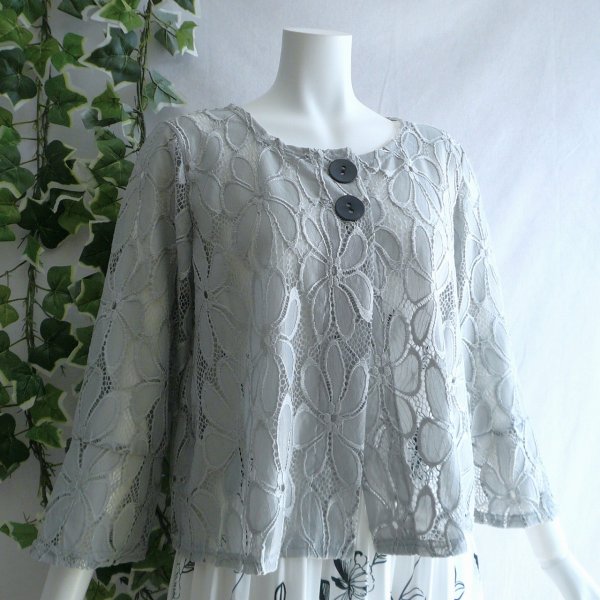 画像1: 新品 9602 ML カットワーク 刺繍 クロシェ レース フレア ジャケット 春 夏 秋 グレー レディース ノーカラー 七分袖 50代 60代 70代