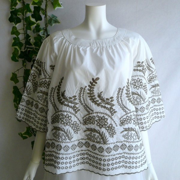 画像1: 新品 9818 ML 豪華 ボタニカル刺繍 シャツ プルオーバー 白系 春 夏 秋 レディース 綿100％ ブラウス ベルスリーブ 50代 60代 70代