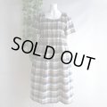 新品 9851 L チェック柄 シャーリング ワンピース 紺薄茶ベージュ系 春 夏 秋 レディース 半袖 綿100％ コットン 50代 60代 70代
