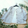 新品 9867 ML 綿混 ツイード ジャケット ライトグレー系 春 秋 冬 レディース 網目 パイピング ノーカラー 50代 60代 70代