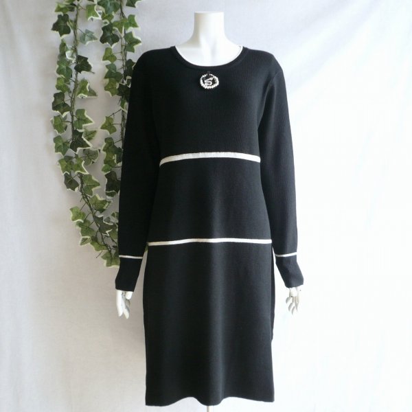 画像1: 新品 9901 ML ウール混 ニット ワンピース 黒系 秋 冬 レディース パール調ブローチモチーフ 横ライン チュニック 50代 60代 70代