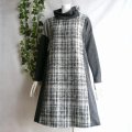 新品 9951 ML 上質ツイード切替 ワンピース 黒系 ドロップショルダー ハイネック 飾りボタン 大人 上品 クラシカル 50代 60代 70代