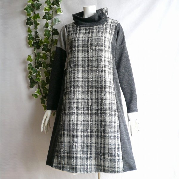 画像1: 新品 9951 ML 上質ツイード切替 ワンピース 黒系 ドロップショルダー ハイネック 飾りボタン 大人 上品 クラシカル 50代 60代 70代