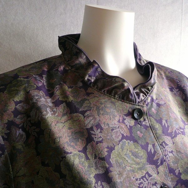 画像1: 新品 9911 M 二重フリル襟 京都染 日本素材 ブラウス ジャケット 紫系玉虫色 レディース 和風 花柄 中国縫製 高級感 上質 50代 60代 70代