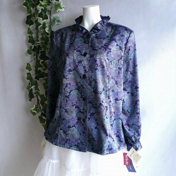 画像1: 新品 9914 L 二重フリル襟 京都染 日本素材 ブラウス ジャケット 紺系玉虫色 レディース 和風 花柄 中国縫製 高級感 上質 50代 60代 70代