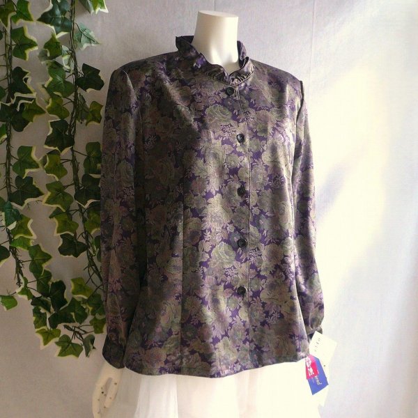 画像1: 新品 9915 L 二重フリル襟 京都染 日本素材 ブラウス ジャケット 紫系玉虫色 レディース 和風 花柄 中国縫製 高級感 上質 50代 60代 70代