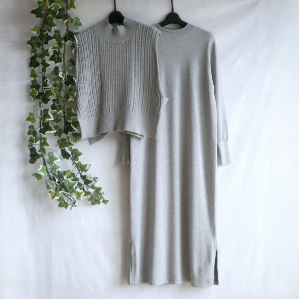 画像1: 新品 9947 ML ニット セットアップ グレー 秋 冬 レディース ケーブル編みハイネックニットベスト ニットワンピース 50代 60代 70代