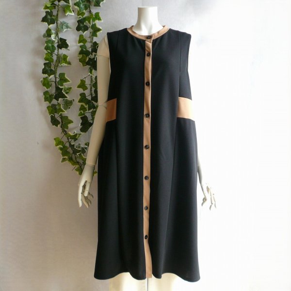 画像1: 新品 9963 ML 高級 バイカラー ワンピース 黒系 秋 レディース 配色切替 ノースリーブ モード ロング ジレ 大人 上質