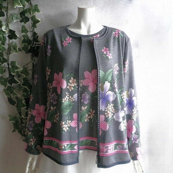 画像1: 新品 9966 LL 高級 ツインニット アンサンブル グレー系 秋冬 レディース 大きな花柄 カーディガン プルオーバー 上品 上質 50代 60代 70代