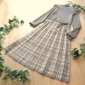新品 9929 M プリーツ織 切替 ニット ワンピース グレー系 レディース リブ編み チェック模様 リボン 上品 50代 60代 70代