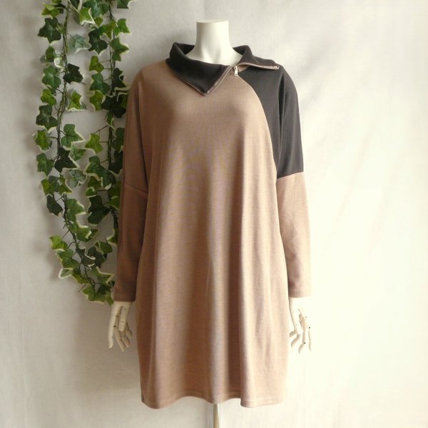 画像1: 新品 9962 ML ジップ襟 配色切替 チュニック ワンピース ブラウン系 春 秋 冬 レディース コクーン ゆったり 大人 上品 50代 60代 70代