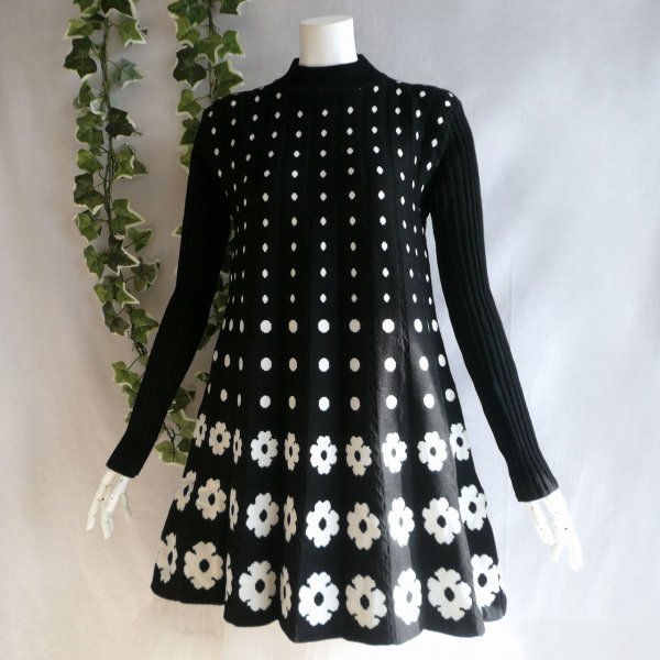 画像1: 新品 9977 ML プリーツ織 ニット チュニック ワンピース 黒 白 秋 冬 レディース ドット 花柄 ハイネック リブ袖