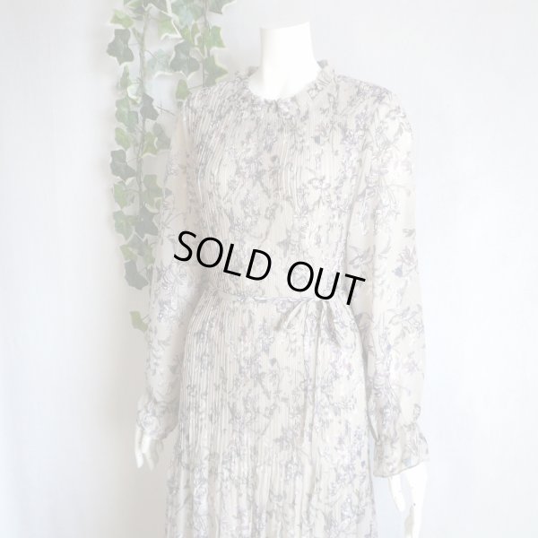 画像2: 新品 9469 ML フリル襟 花柄 シフォン プリーツ ワンピース 春 夏 秋 ロング レディース ベージュ系 共布リボン 上質 上品