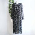 画像6: 新品 9489 ML ボウタイリボン シフォン プリーツ ワンピース 春 夏 秋 花柄 レディース 黒系 共布リボン フリル袖 美しい透け感 上質 上品