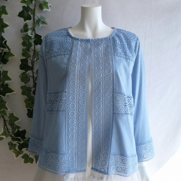画像2: 新品 9513 L カットワーク 刺繍 綿麻混 シャツ ジャケット 春 夏 秋 ライトブルー系 レディース リネン コットン レース 高級 上質 上品