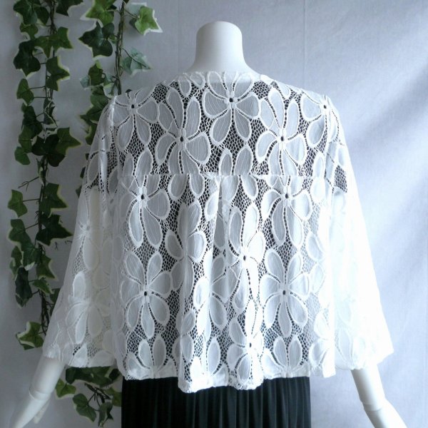 画像2: 新品 9595 ML カットワーク 刺繍 クロシェ レース フレア ジャケット 春 夏 白 レディース ノーカラー 七分袖 カーディガン 上質 上品