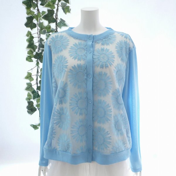 画像2: 新品 9598 ML 大きな花刺繍 メッシュ切替 カーディガン 春 夏 水色 レディース ストレッチ スラブ 異素材切替 上品