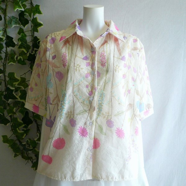 画像2: 新品 9679 ML 花刺繍 ボタニカル柄 シャツ ブラウス 春 夏 秋 イエロー系 レディース ショート丈 透け感 ステッチ刺繍 50代 60代 70代