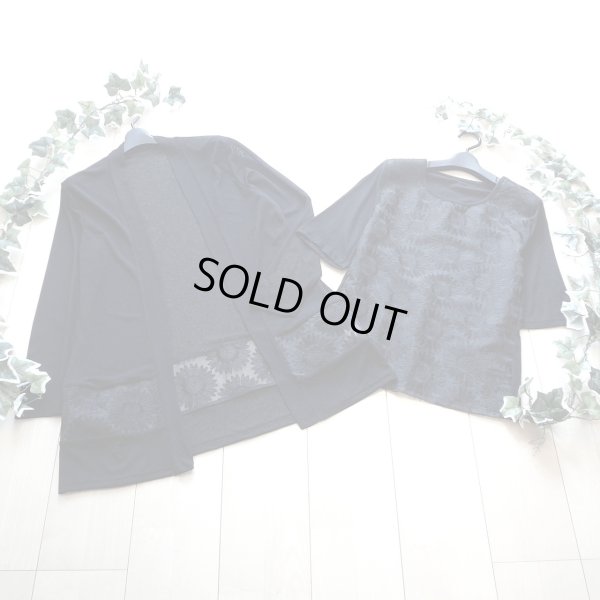 画像10: 新品 9687 ML オーガンジー 花刺繍 ツイン アンサンブル 春 夏 秋 黒 レディース カーディガン プルオーバー 異素材切替 50代 60代 70代