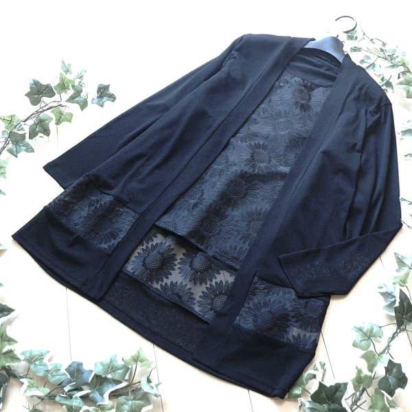 画像2: 新品 9687 ML オーガンジー 花刺繍 ツイン アンサンブル 春 夏 秋 黒 レディース カーディガン プルオーバー 異素材切替 50代 60代 70代