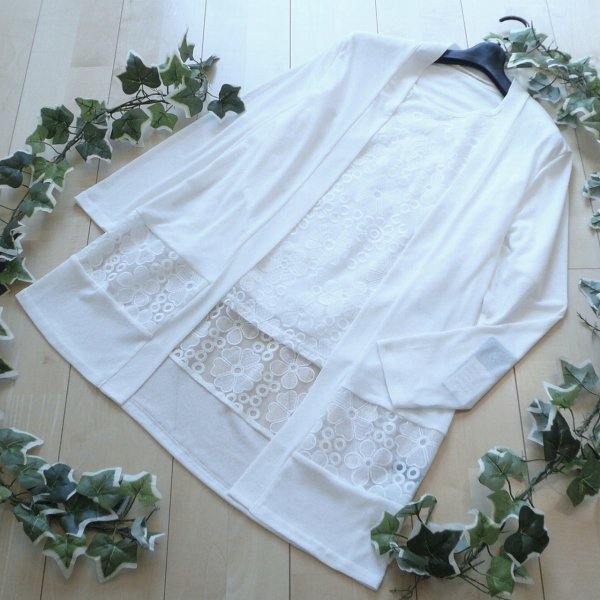 画像2: 新品 9688 ML オーガンジー 花刺繍 ツイン アンサンブル 春 夏 秋 白 レディース カーディガン プルオーバー 異素材切替 50代 60代 70代