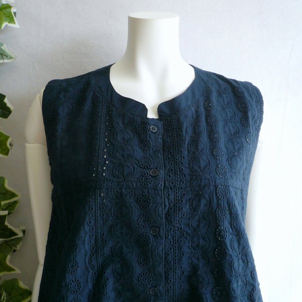 画像2: 新品 9689 ML カットワーク 刺繍 綿100％ シャツ プルオーバー 紺 夏 レディース インド製 コットン ブラウス 異素材切替