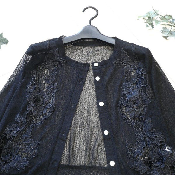 画像2: 新品 9700 ML クロシェ 立体 花刺繍 サマーニット カーディガン 黒 春 夏 秋 レディース 透け感 花モチーフ 上質 上品