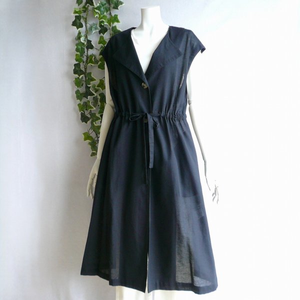 画像2: 新品 9760 M 綿 麻 リボン付 ワンピ ジレ 黒 春 夏 秋 レディース 襟あり フレンチ袖 羽織り リネン コットン 上品 50代 60代 70代