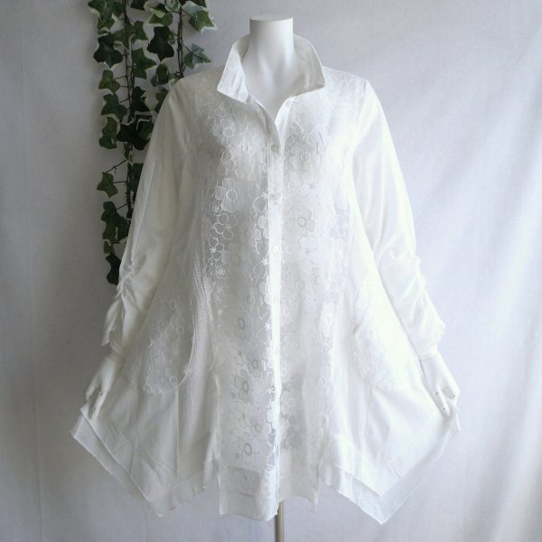 画像1: 新品 9819 ML オーガンジー 花刺繍 シャツ チュニック 白 春 夏 秋 レディース 綿100％ 美しい透け感 異素材切替 上品 50代 60代 70代
