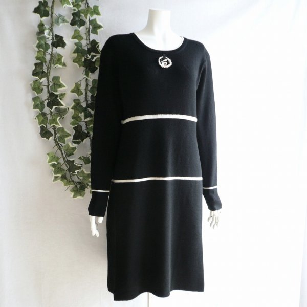 画像7: 新品 9901 ML ウール混 ニット ワンピース 黒系 秋 冬 レディース パール調ブローチモチーフ 横ライン チュニック 50代 60代 70代